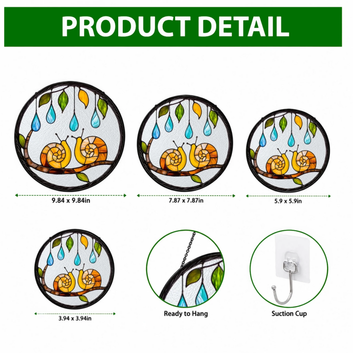 Wedding stained glass suncatcher product detail with available sizes and hanging display