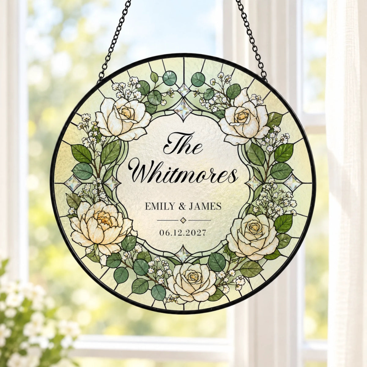 Personalized white rose wedding stained glass window hanging for newlywed couples