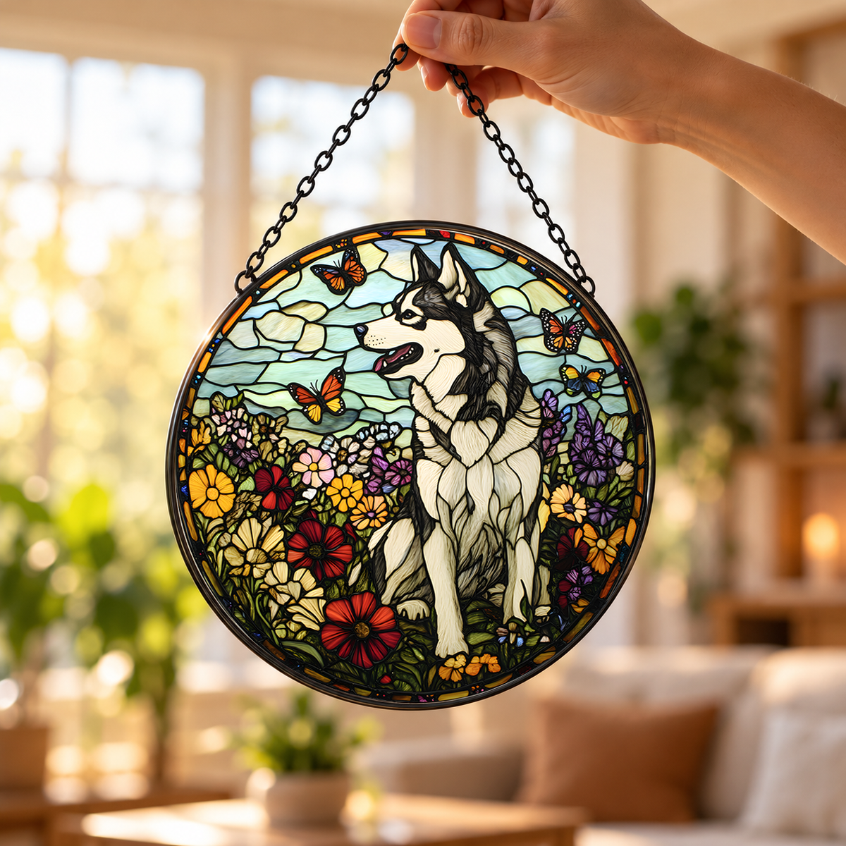 Husky floral suncatcher hanging indoors with chain