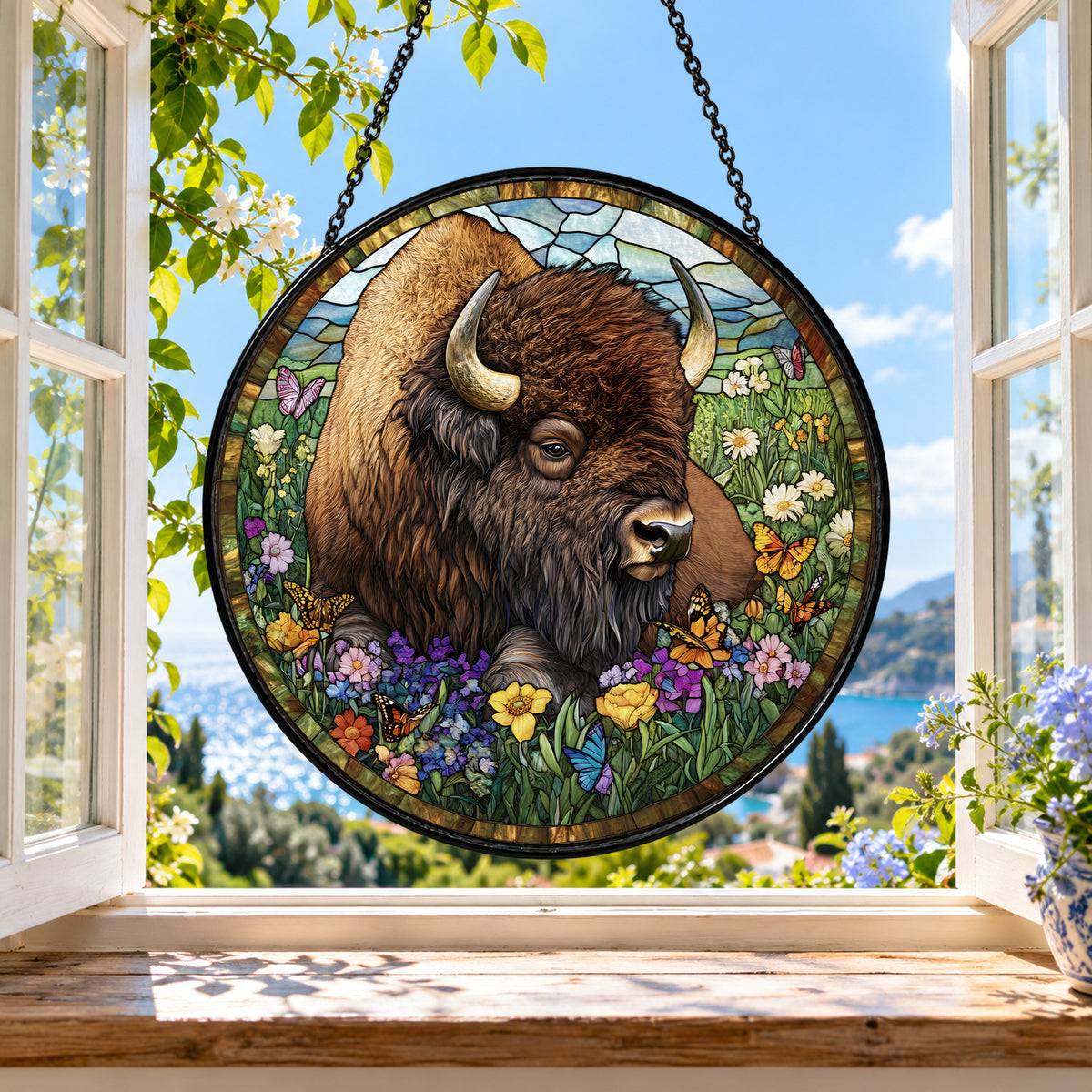 American Bison with Wildflowers stained glass suncatcher window hanging – front design view