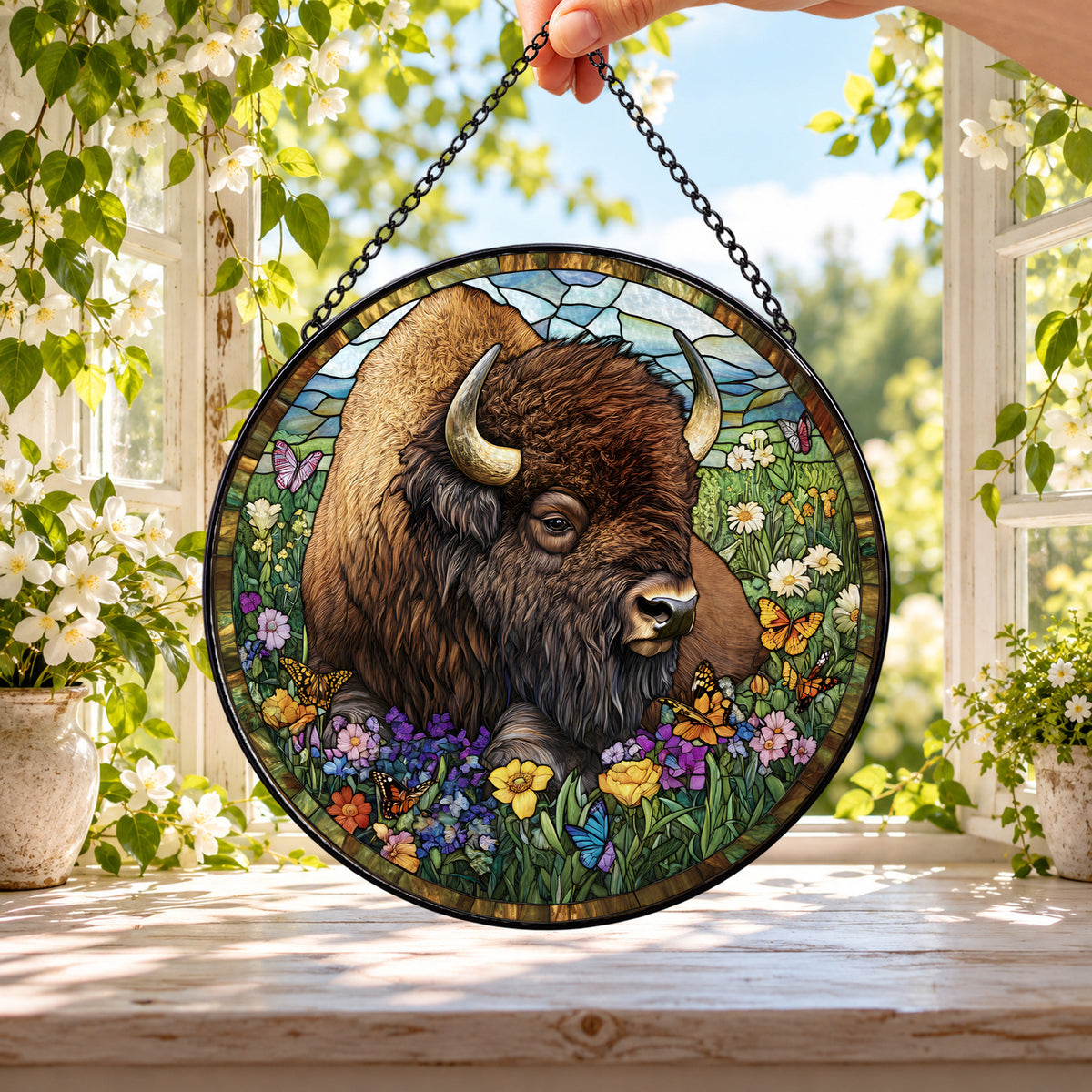 American Bison with Wildflowers round stained glass window hanging – second gallery view