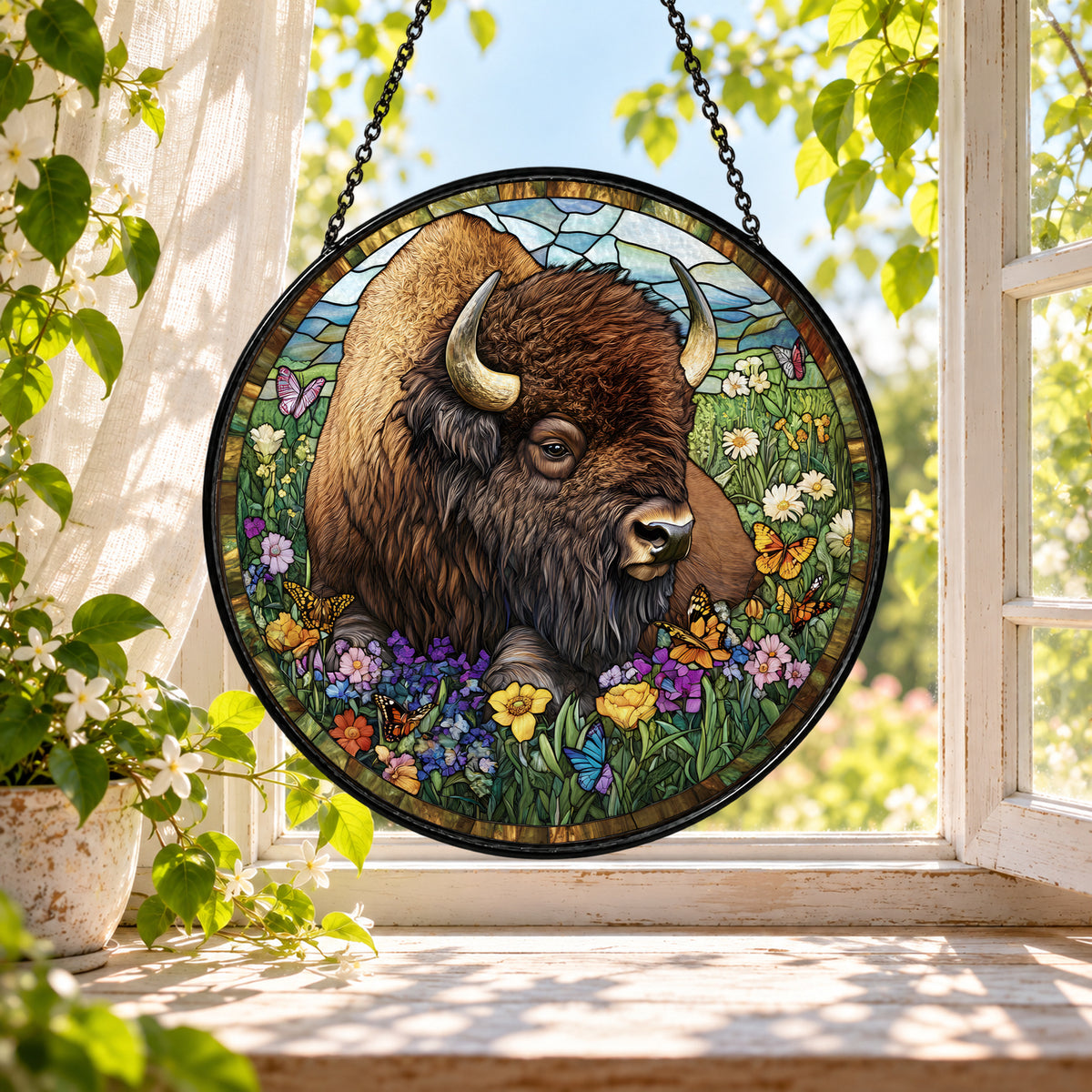 American Bison with Wildflowers stained glass window suncatcher – third gallery view