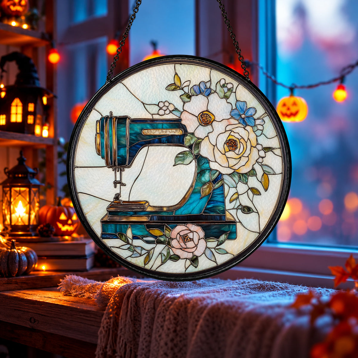 Antique Sewing Machine with Floral Branch stained glass window suncatcher – third gallery view