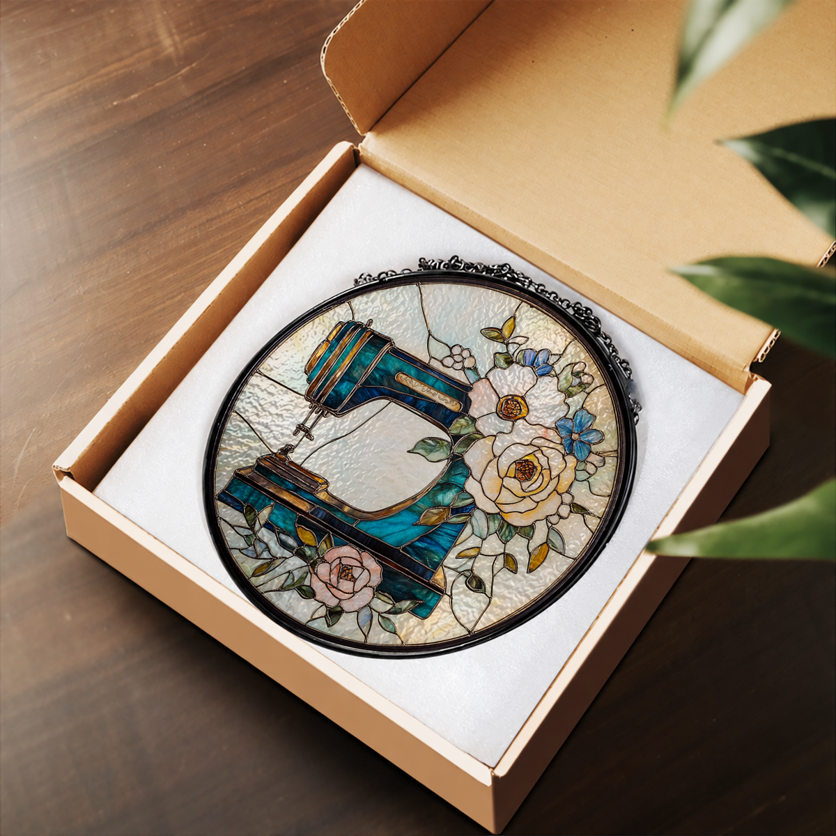 Antique Sewing Machine with Floral Branch stained glass suncatcher – flat printed artwork design
