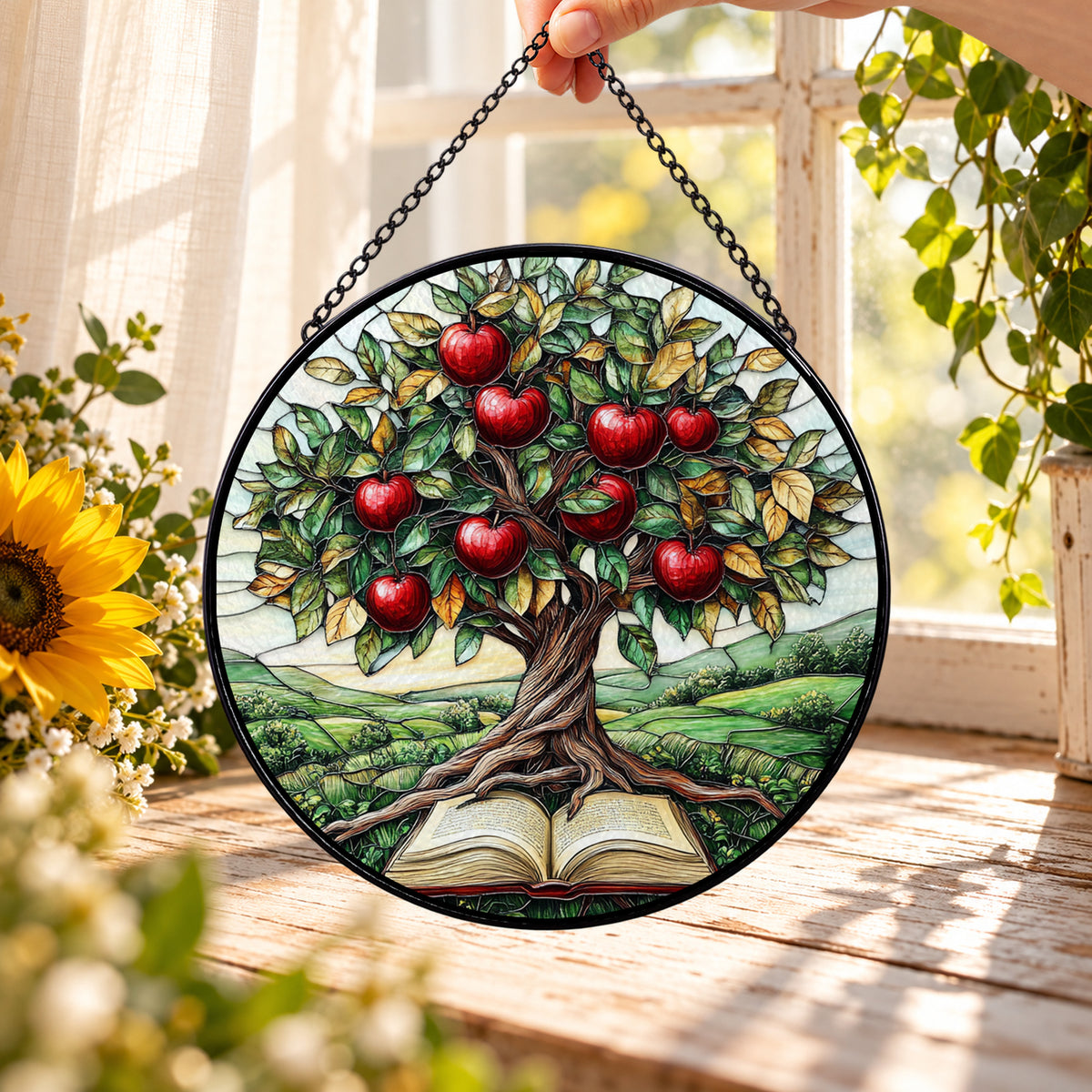 Apple Tree Growing from Open Book round stained glass window hanging – second gallery view