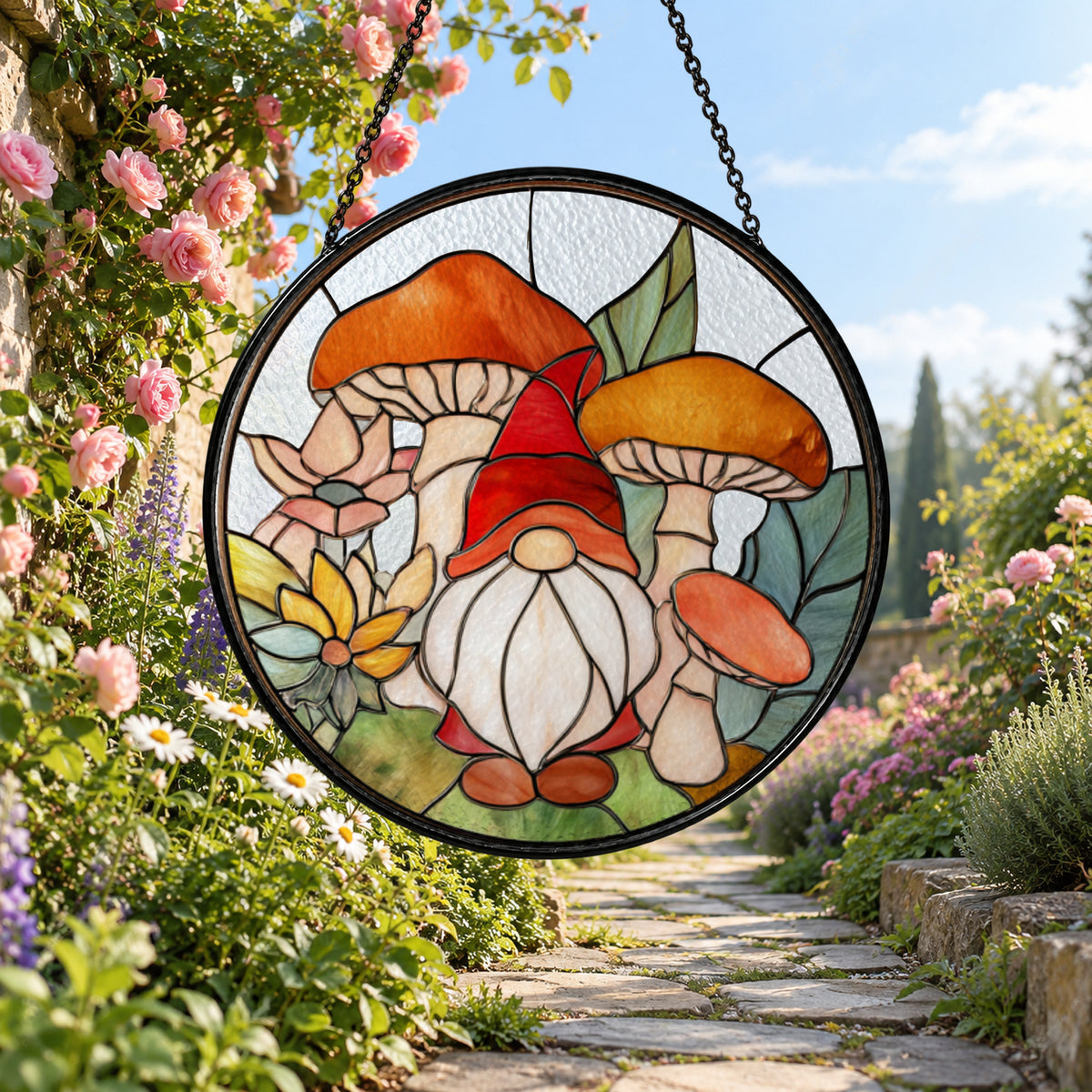 Autumn Mushroom Gnome stained glass window suncatcher – third gallery view