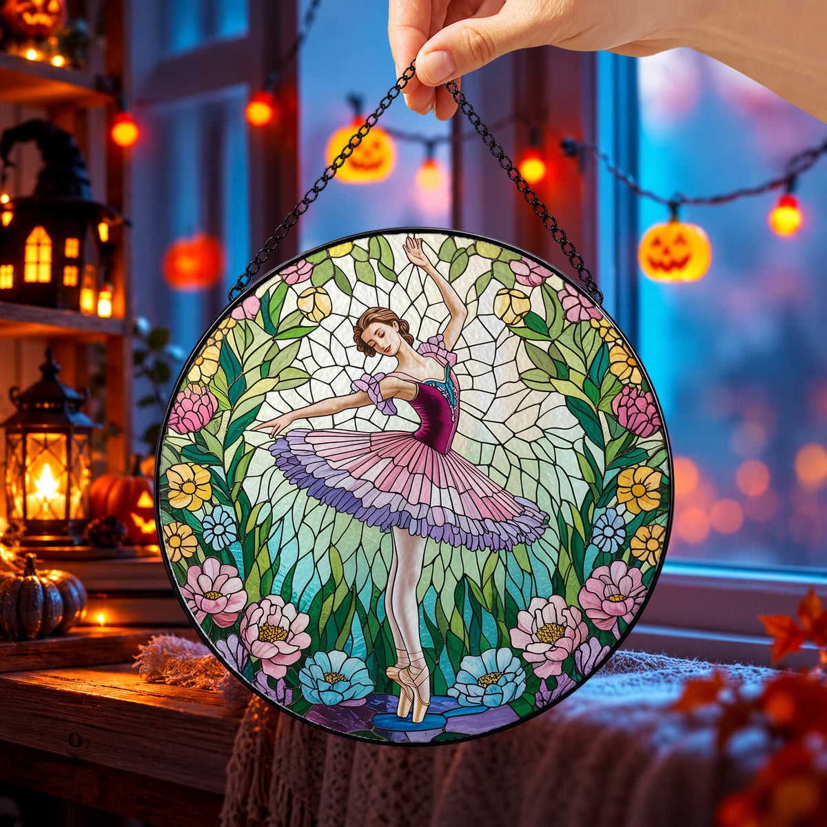 Ballerina in Colorful Flower Garden round stained glass window hanging – second gallery view