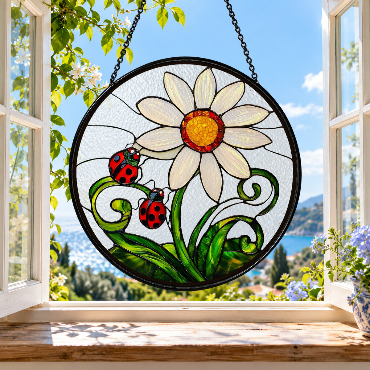 Big White Daisy and Red Ladybugs stained glass suncatcher window hanging – front design view