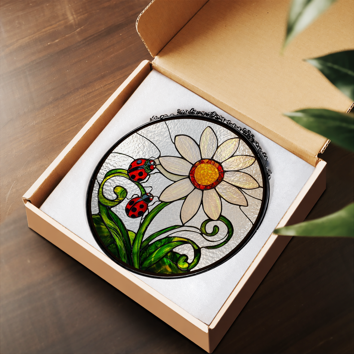 Big White Daisy and Red Ladybugs stained glass suncatcher – flat printed artwork design