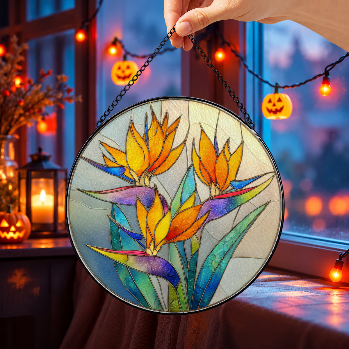 Bird of Paradise Tropical Flowers round stained glass window hanging – second gallery view