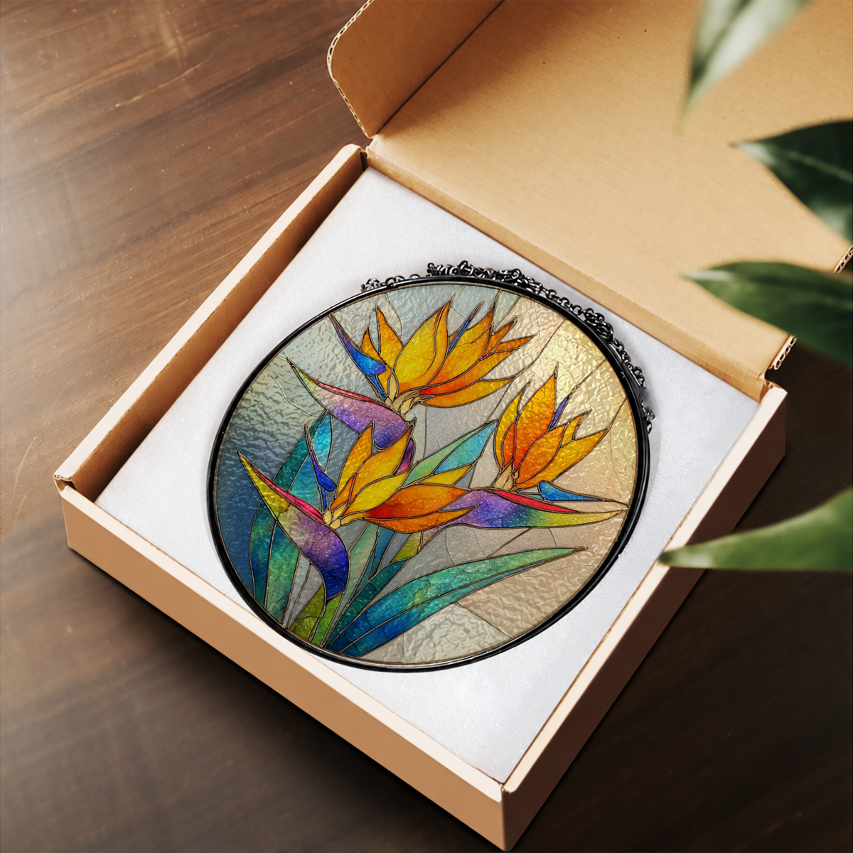 Bird of Paradise Tropical Flowers stained glass suncatcher – flat printed artwork design