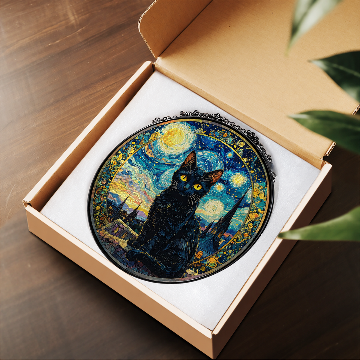 Black Cat against Starry Night stained glass suncatcher – flat printed artwork design