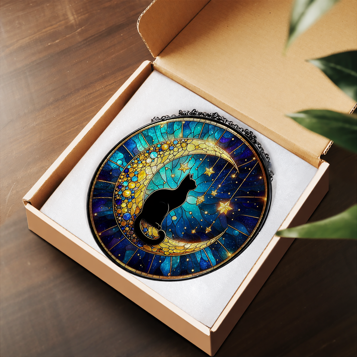 Black Cat beneath Crescent Moon Stars stained glass suncatcher – flat printed artwork design
