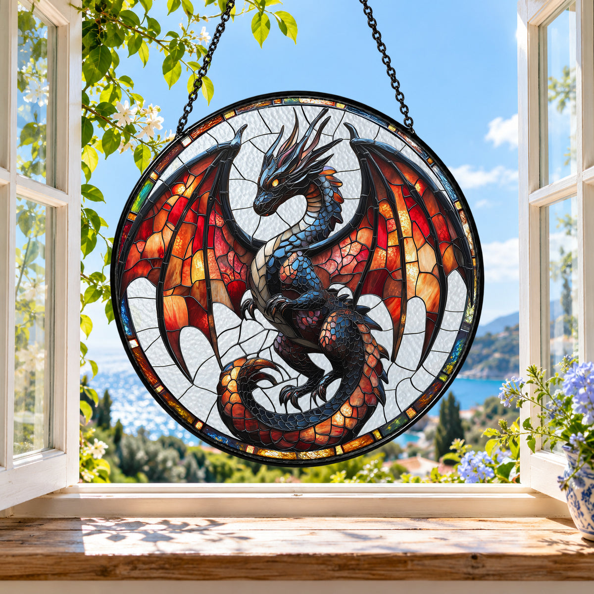 Black Dragon with Rainbow Wings stained glass suncatcher window hanging – front design view