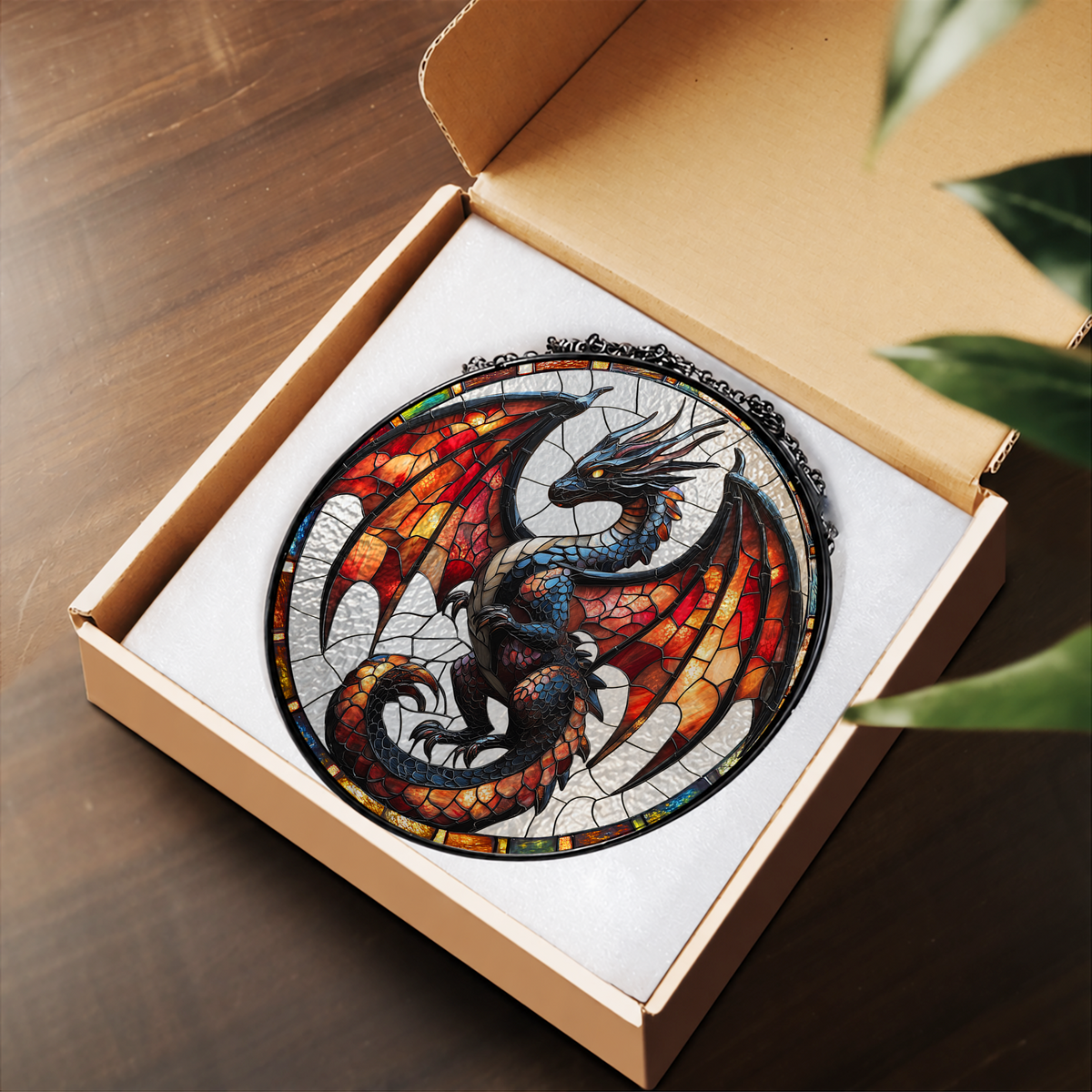 Black Dragon with Rainbow Wings stained glass suncatcher – flat printed artwork design