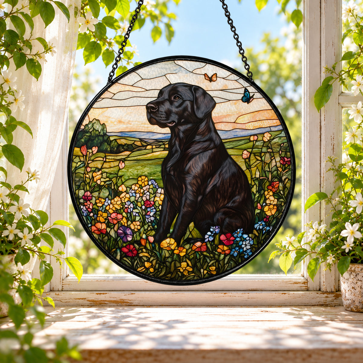 Black Labrador in Wildflower Meadow stained glass window suncatcher – third gallery view