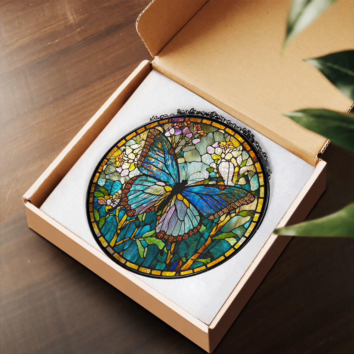 Blue Butterfly in Flower Garden stained glass suncatcher – flat printed artwork design