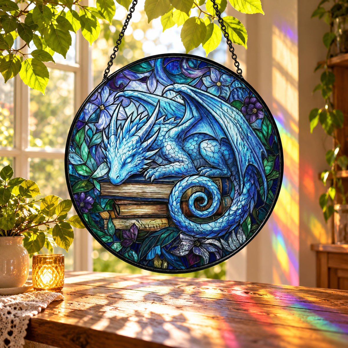 Blue Fantasy Dragon in Moonlight stained glass suncatcher window hanging – front design view
