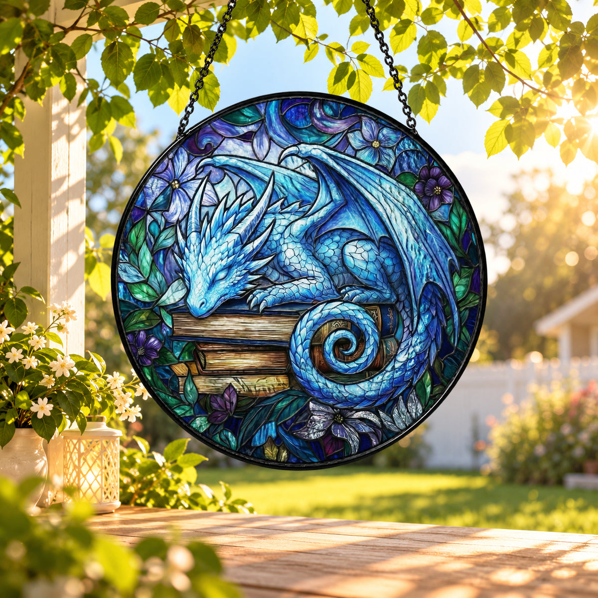 Blue Fantasy Dragon in Moonlight stained glass window suncatcher – third gallery view