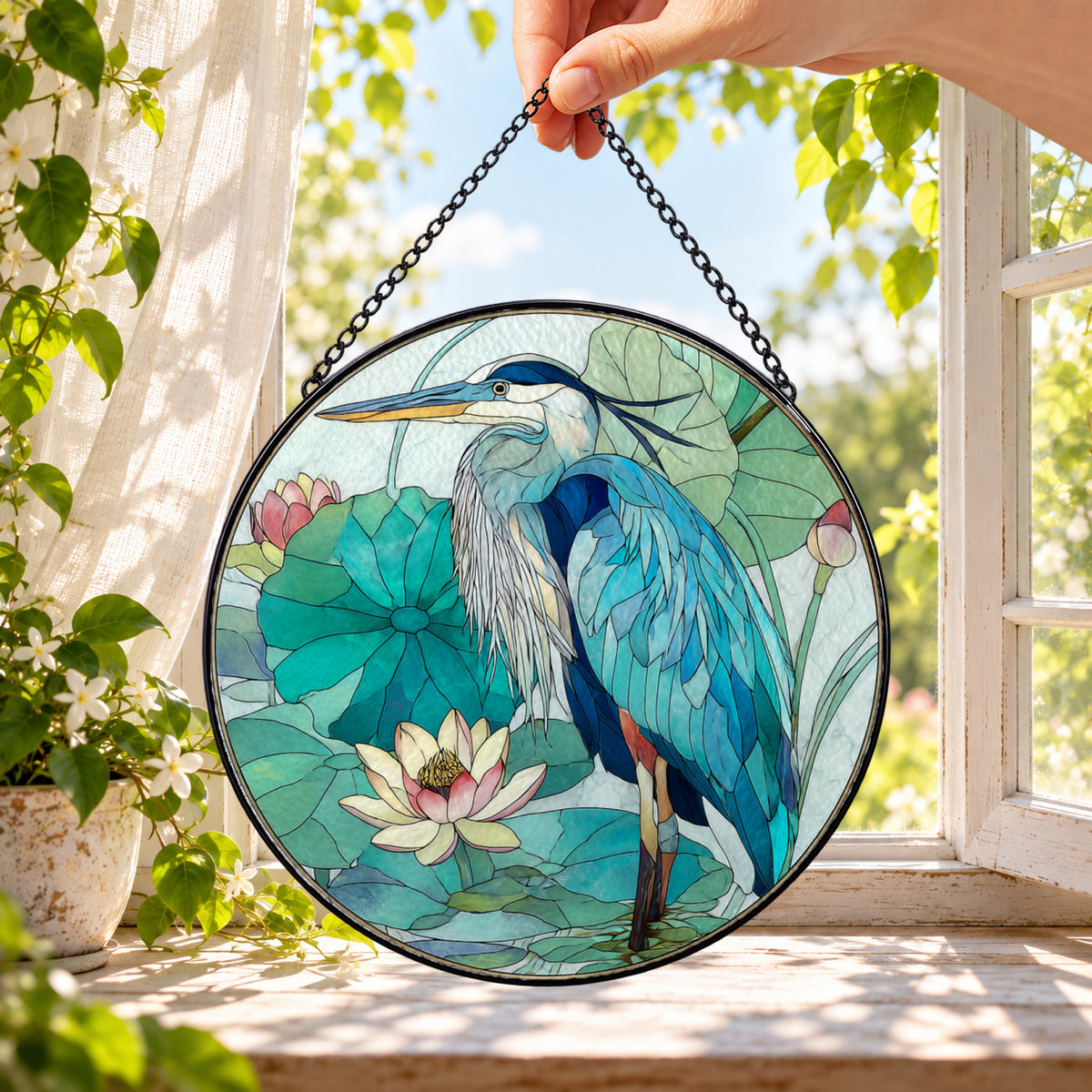 Blue Heron by Lotus Pond round stained glass window hanging – second gallery view