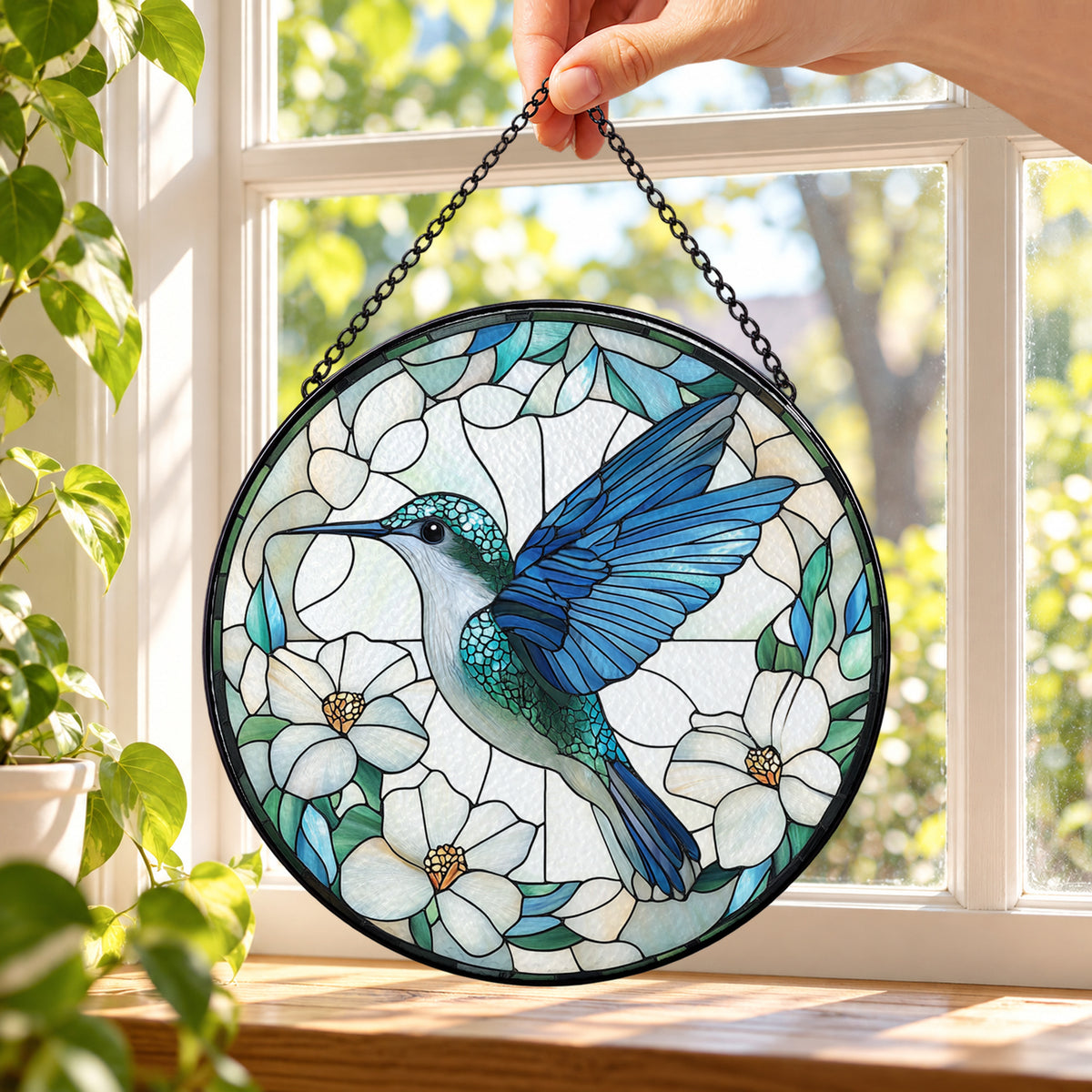 Blue Hummingbird with White Blossoms round stained glass window hanging – second gallery view