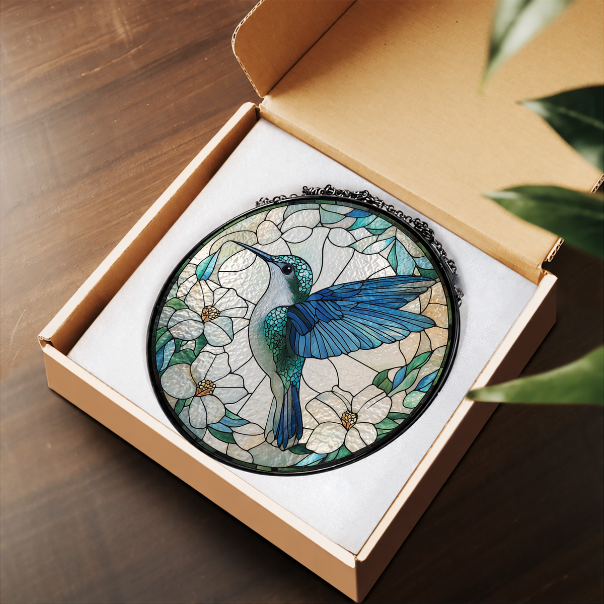 Blue Hummingbird with White Blossoms stained glass suncatcher – flat printed artwork design