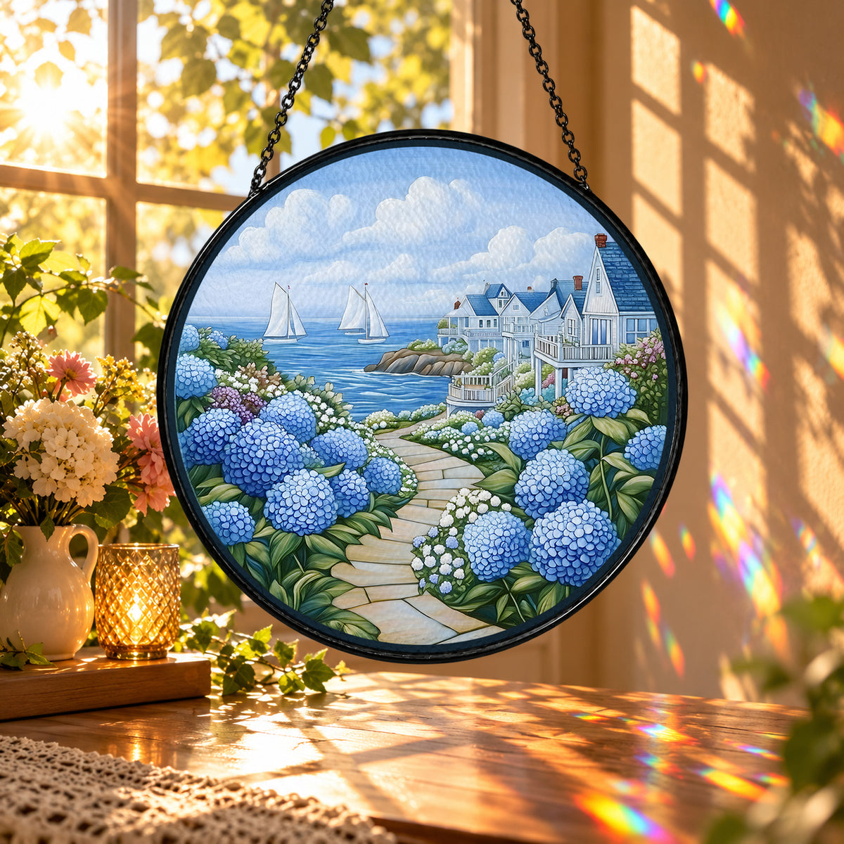 Blue Hydrangeas and Coastal Cottage stained glass window suncatcher – third gallery view
