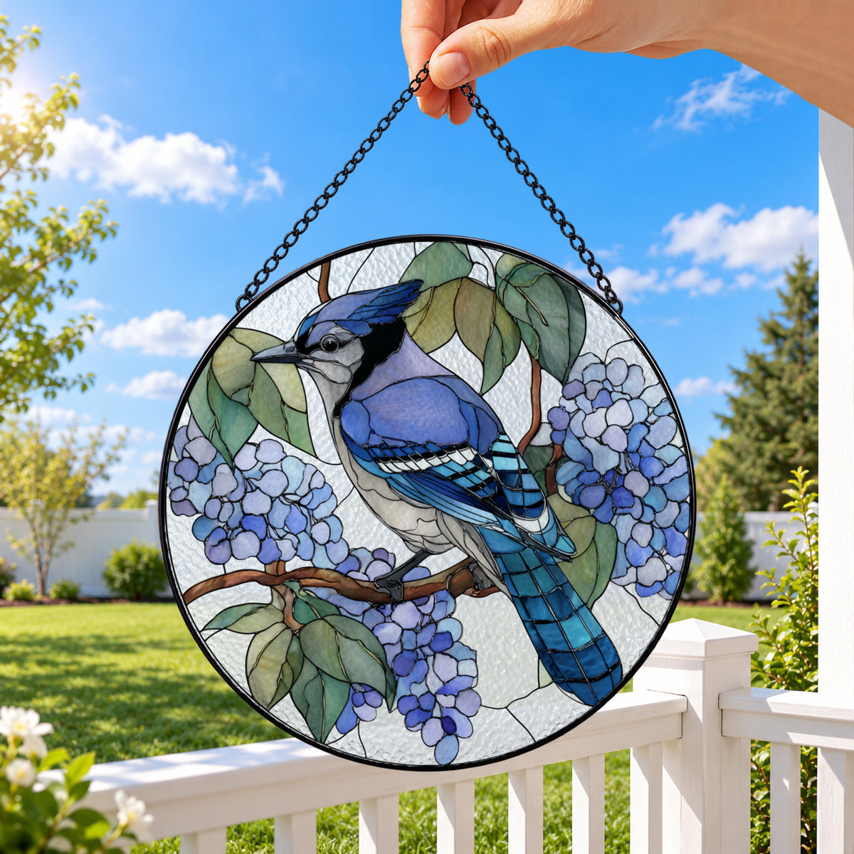 Blue Jay and Blue Hydrangeas round stained glass window hanging – second gallery view