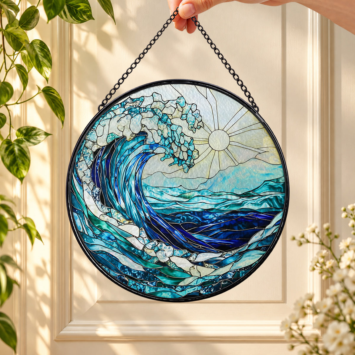 Blue Ocean Wave with Sea Foam round stained glass window hanging – second gallery view