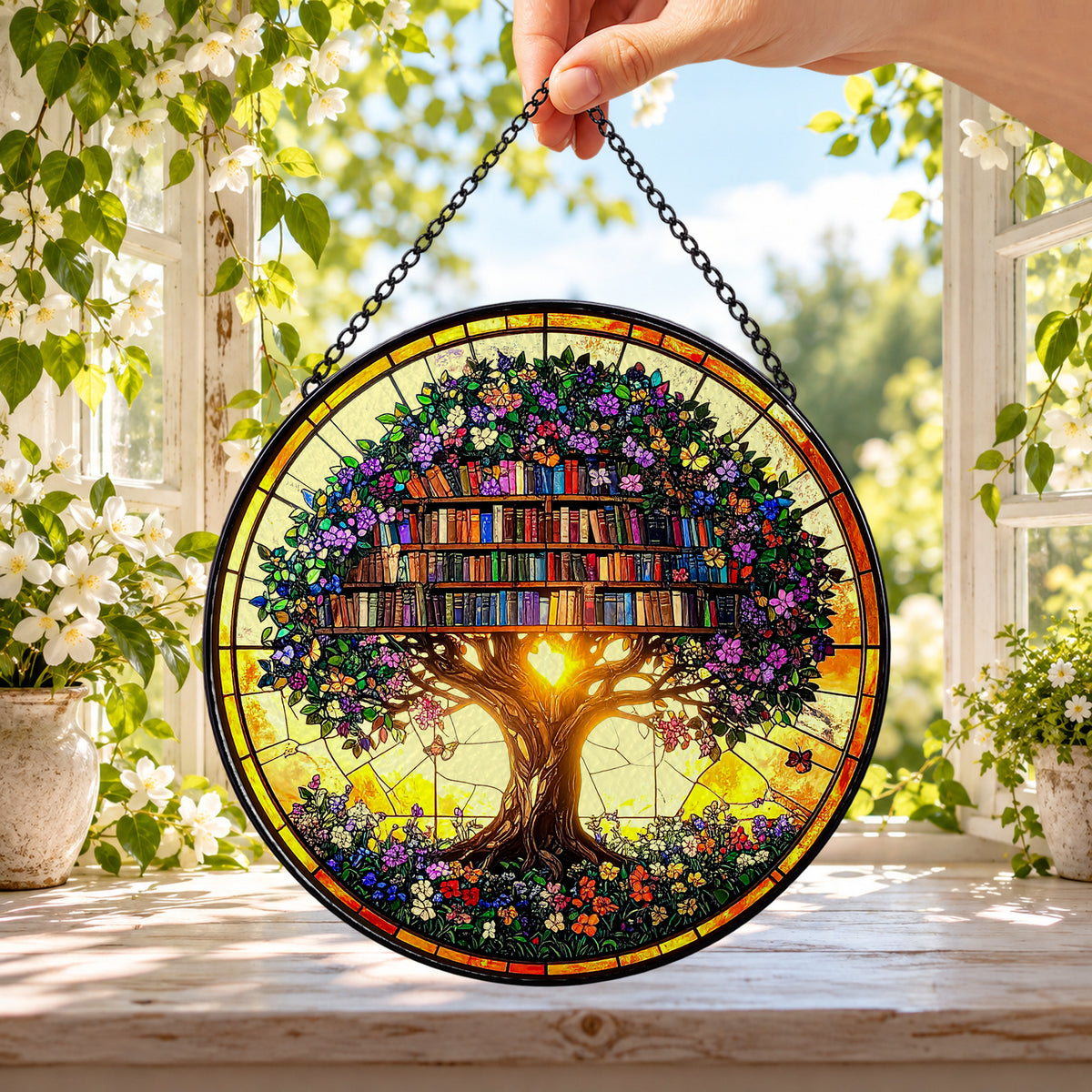 Book Tree and Magical Library round stained glass window hanging – second gallery view