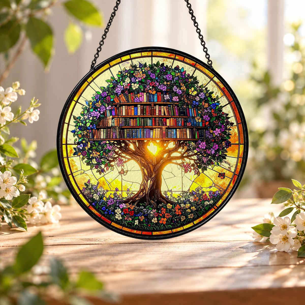 Book Tree and Magical Library stained glass window suncatcher – third gallery view