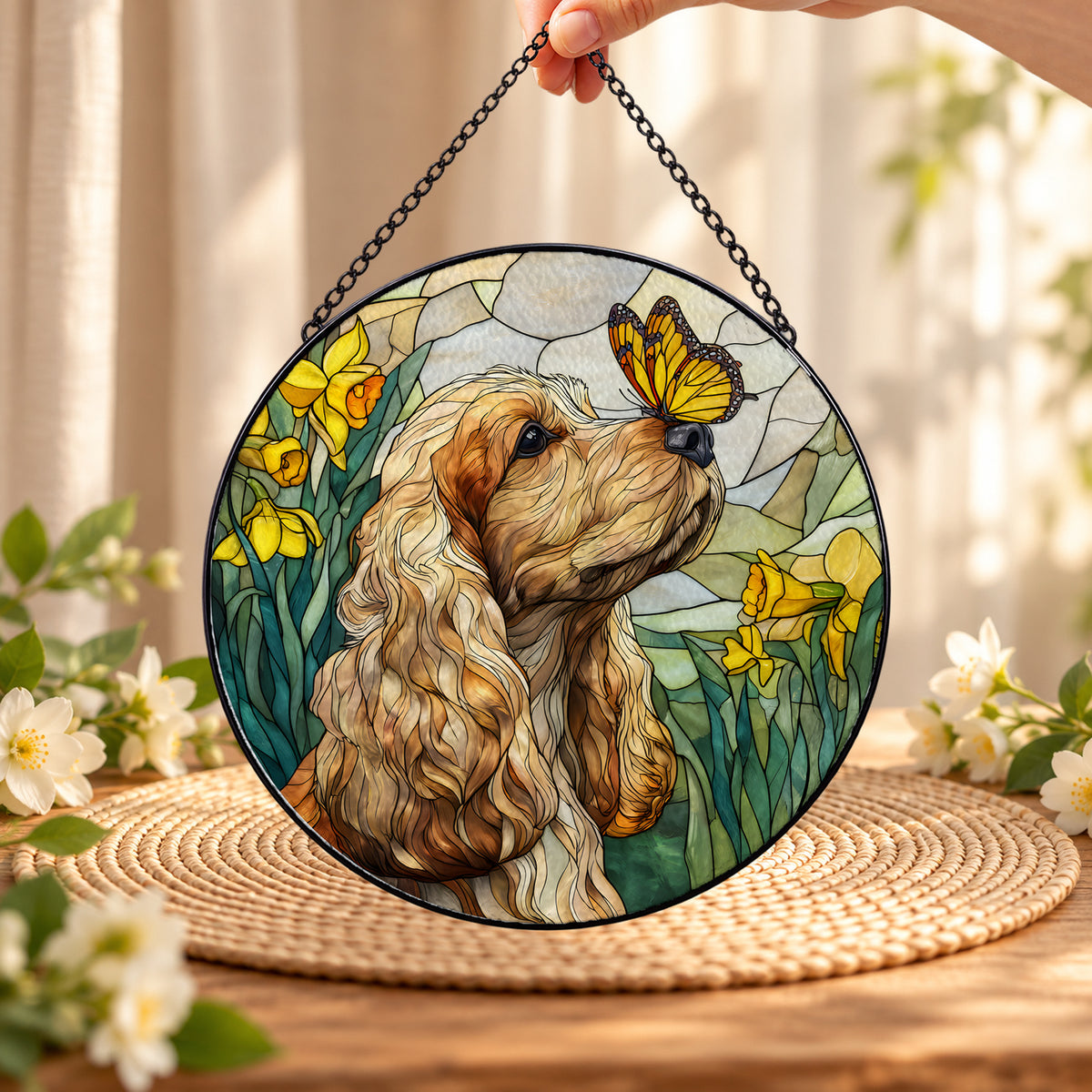 Brown Cocker Spaniel and Butterfly round stained glass window hanging – second gallery view