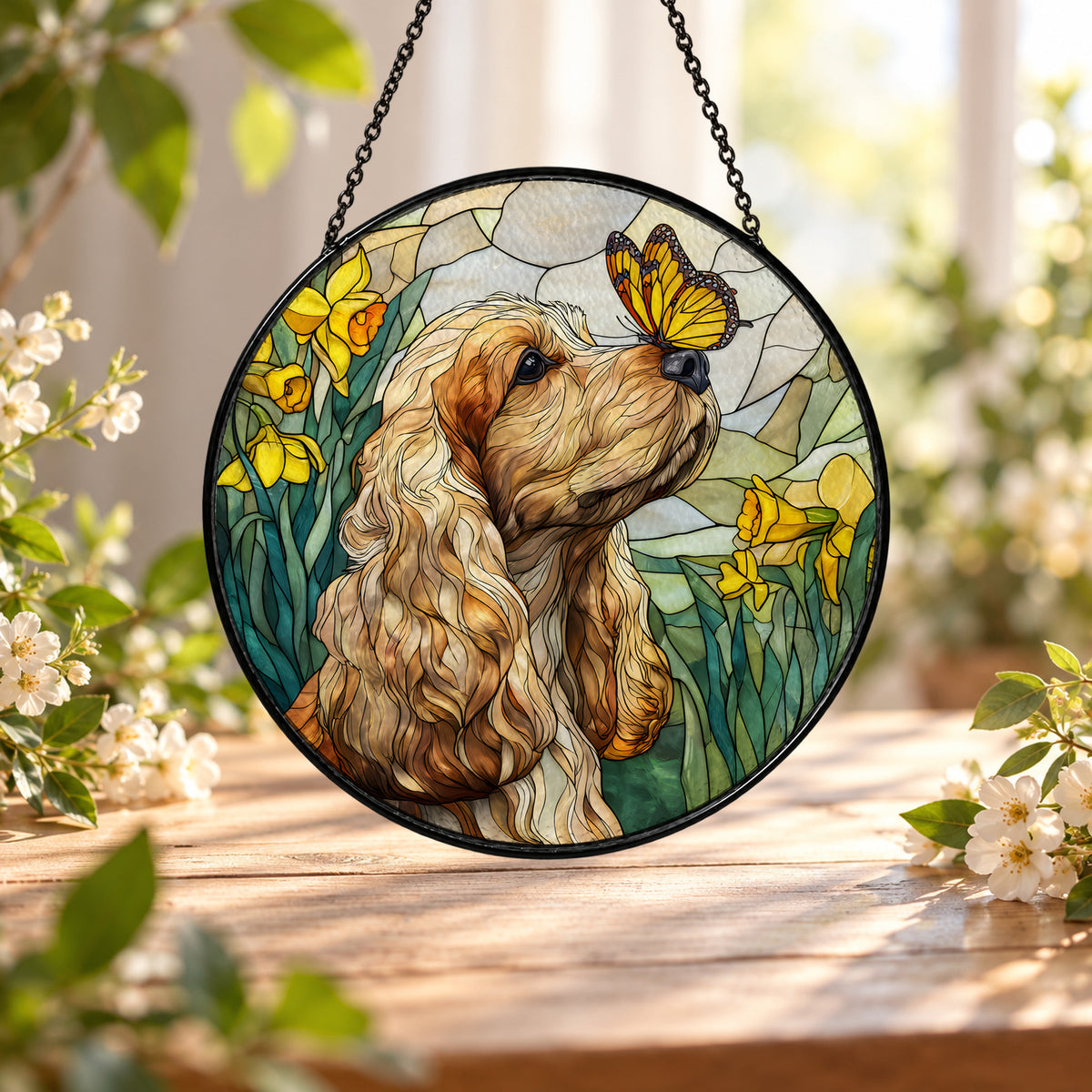 Brown Cocker Spaniel and Butterfly stained glass window suncatcher – third gallery view