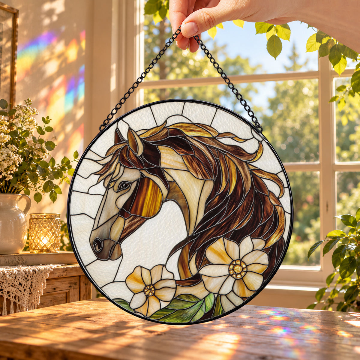 Brown Horse Head with Wildflowers round stained glass window hanging – second gallery view