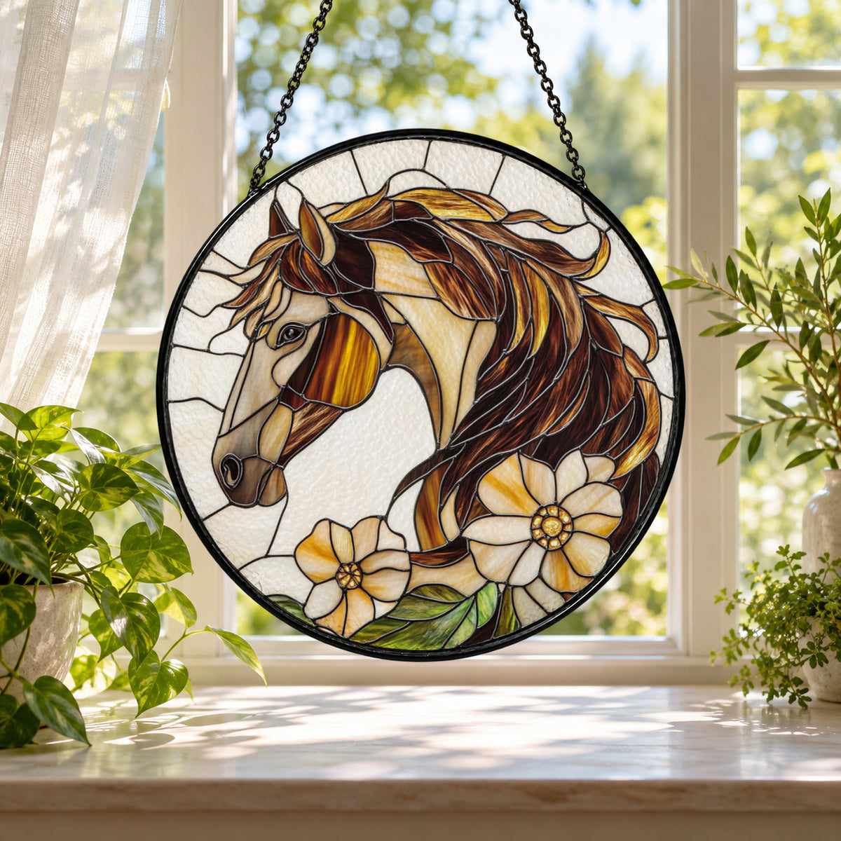 Brown Horse Head with Wildflowers stained glass window suncatcher – third gallery view