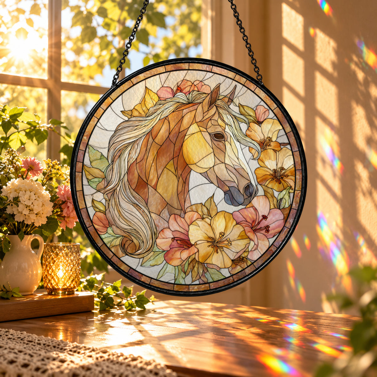 Brown Horse Portrait with Butterflies stained glass window suncatcher – third gallery view