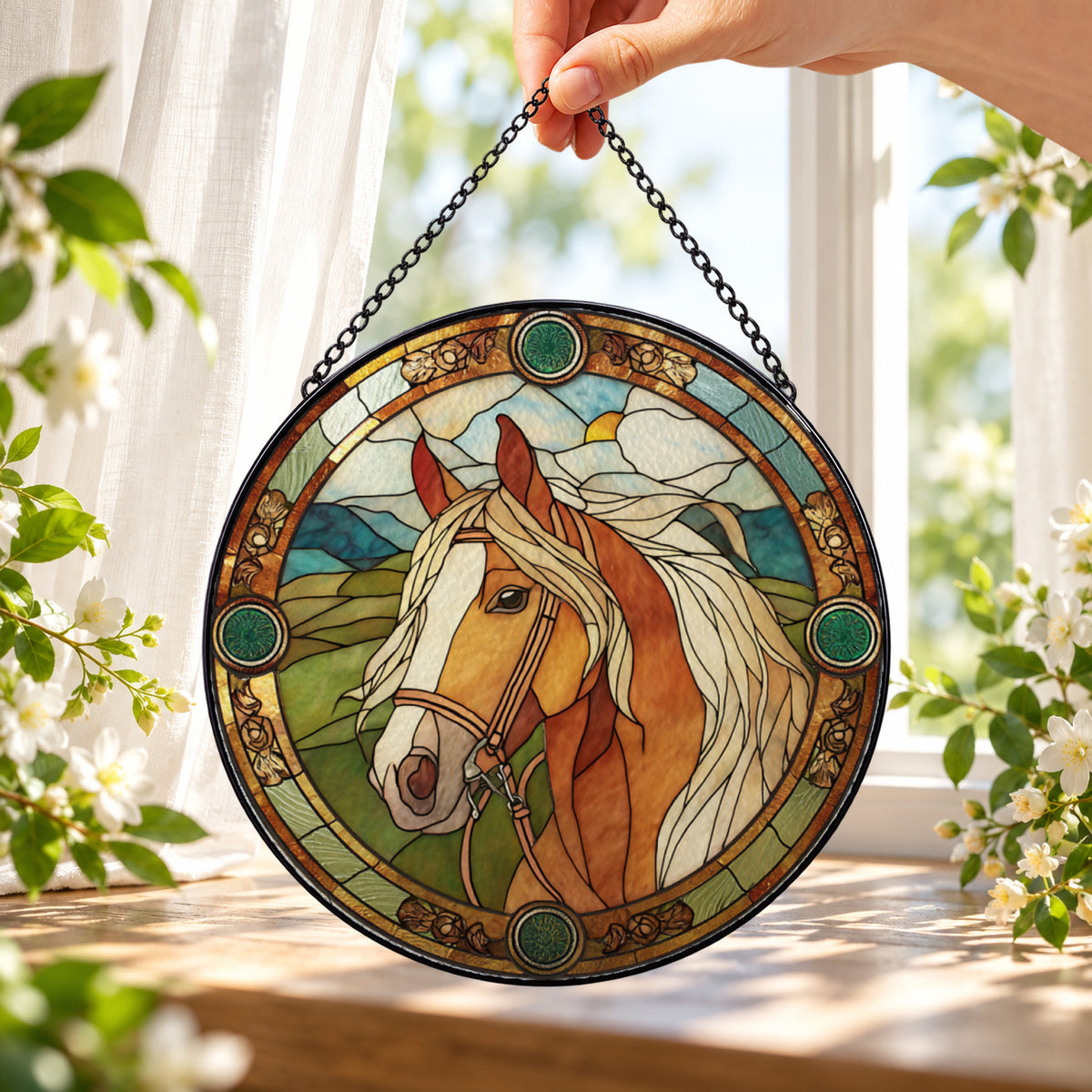 Brown Horse with Floral Border round stained glass window hanging – second gallery view