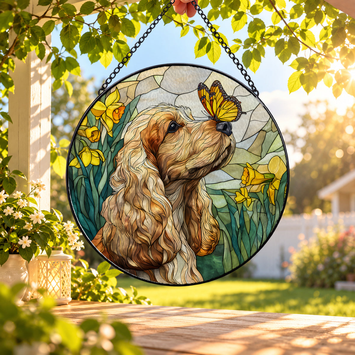 Brown Spaniel Dog with Butterfly round stained glass window hanging – second gallery view