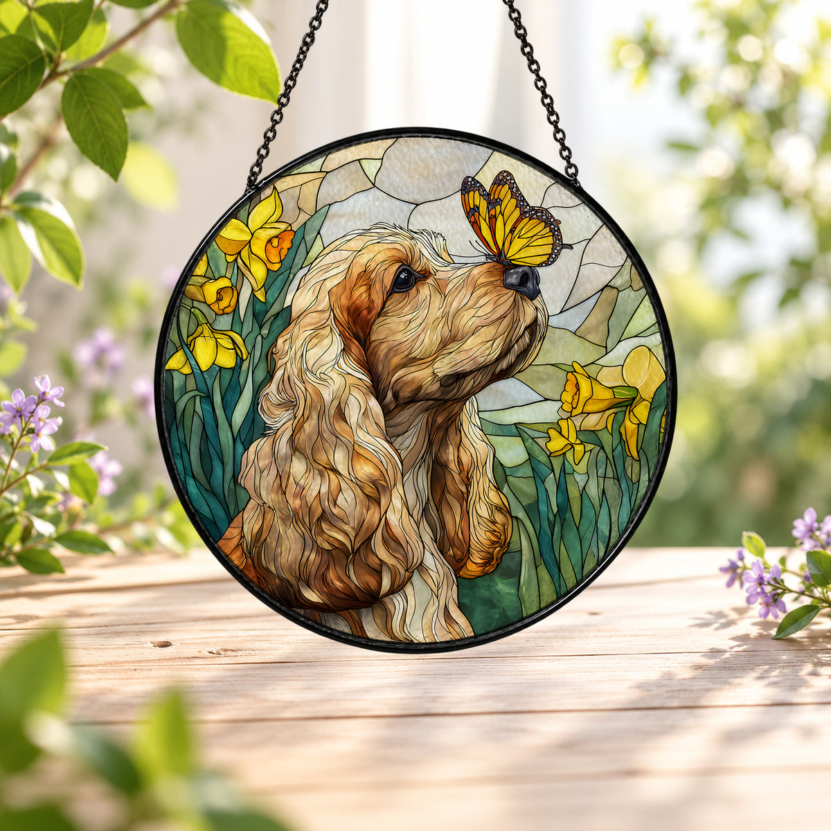 Brown Spaniel Dog with Butterfly stained glass window suncatcher – third gallery view