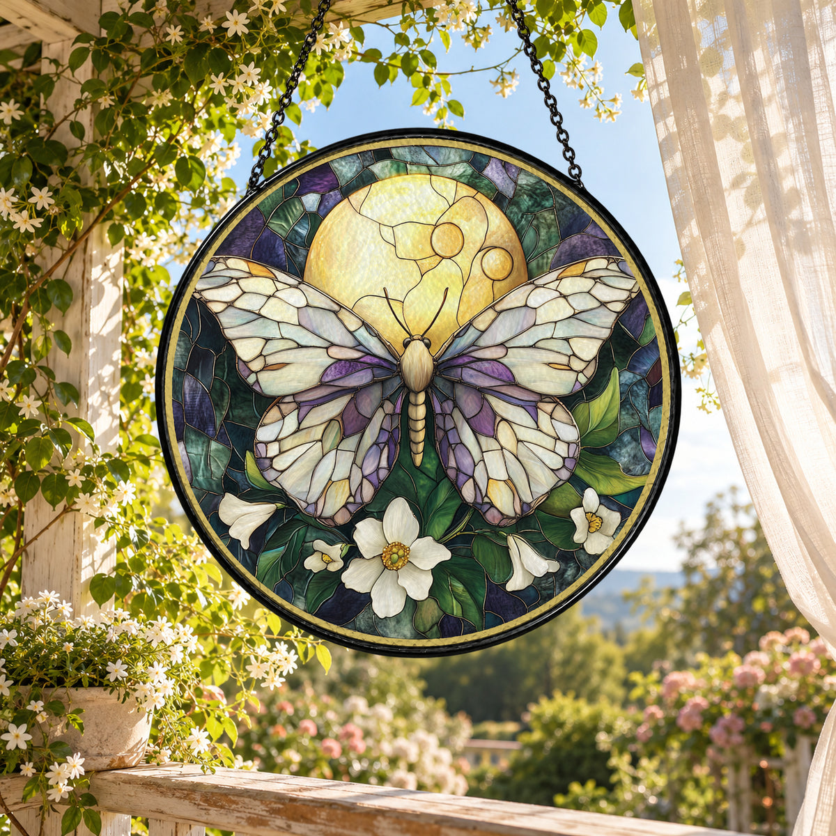Butterfly with Moonlit White Daisies stained glass suncatcher window hanging – front design view