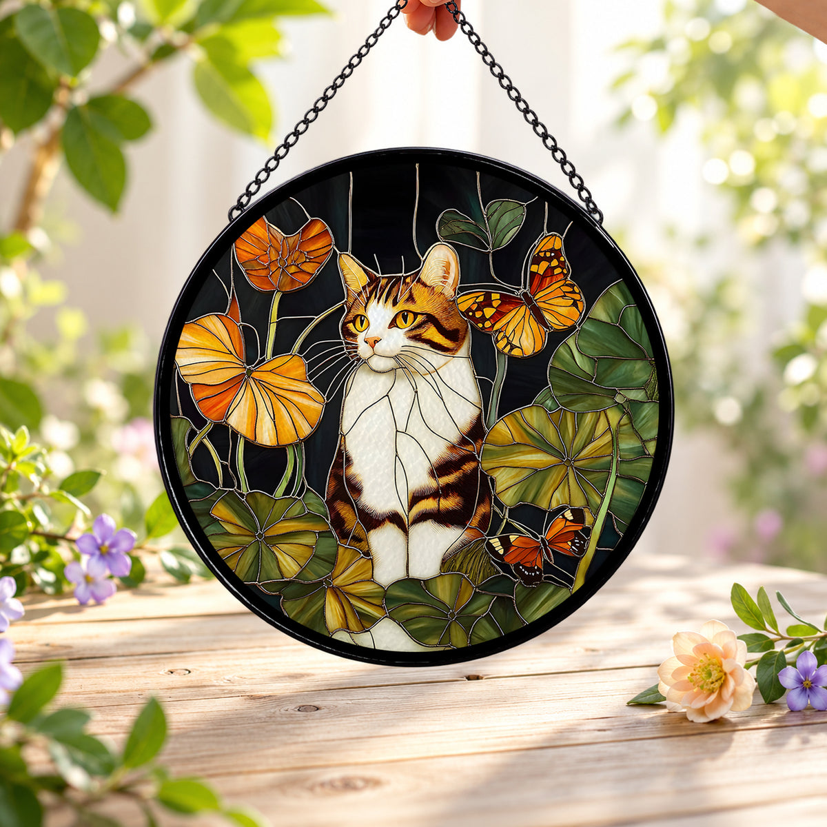 Calico Cat with Orange Butterflies round stained glass window hanging – second gallery view