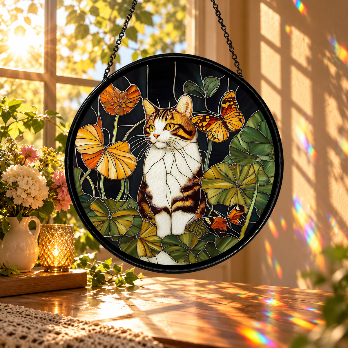 Calico Cat with Orange Butterflies stained glass window suncatcher – third gallery view