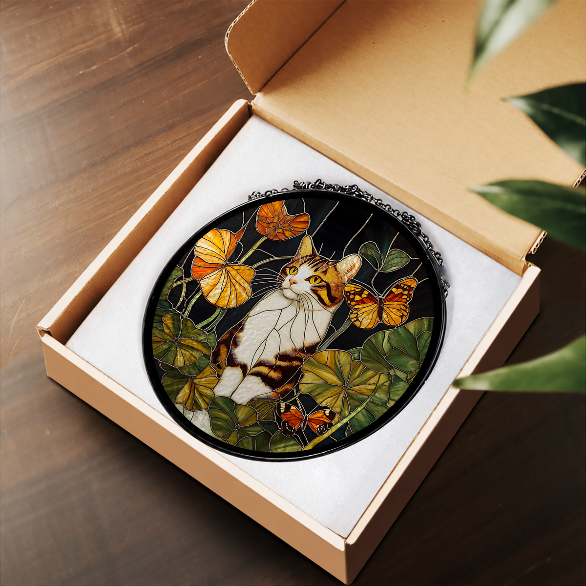Calico Cat with Orange Butterflies stained glass suncatcher – flat printed artwork design