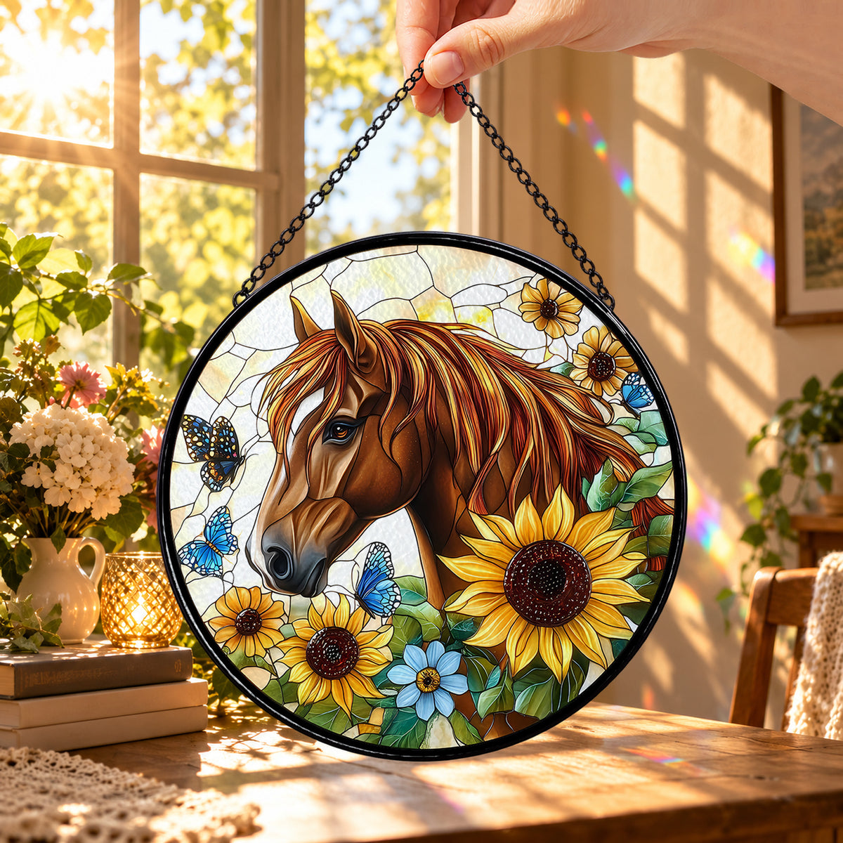 Chestnut Horse with Golden Sunflowers round stained glass window hanging – second gallery view