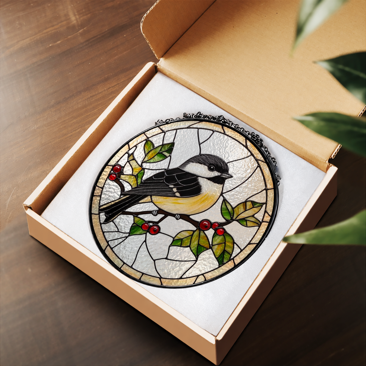 Chickadee on Holly Berry Branch stained glass suncatcher – flat printed artwork design