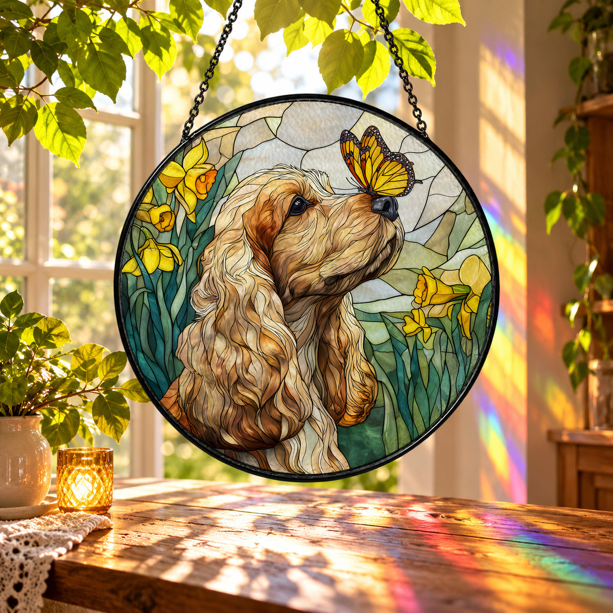 Cocker Spaniel with Yellow Butterfly stained glass suncatcher window hanging – front design view