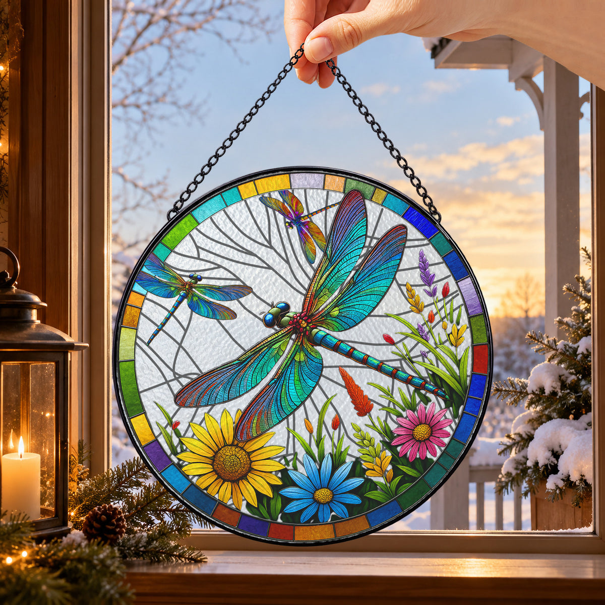 Colorful Dragonfly above Wildflowers round stained glass window hanging – second gallery view