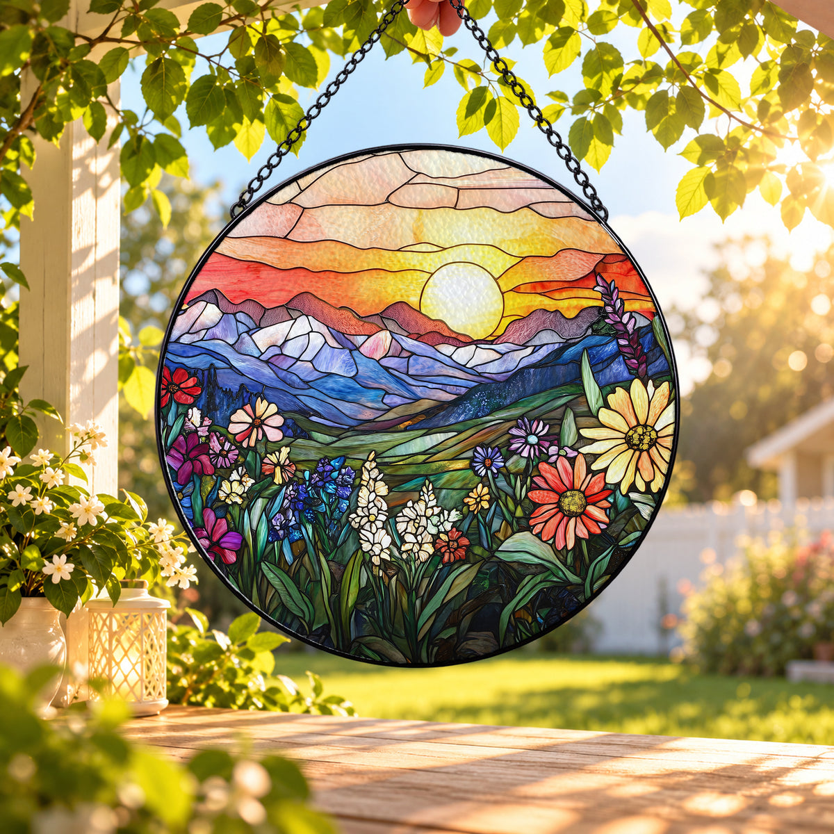 Colorful Mountain Sunset and Wildflowers stained glass window suncatcher – third gallery view