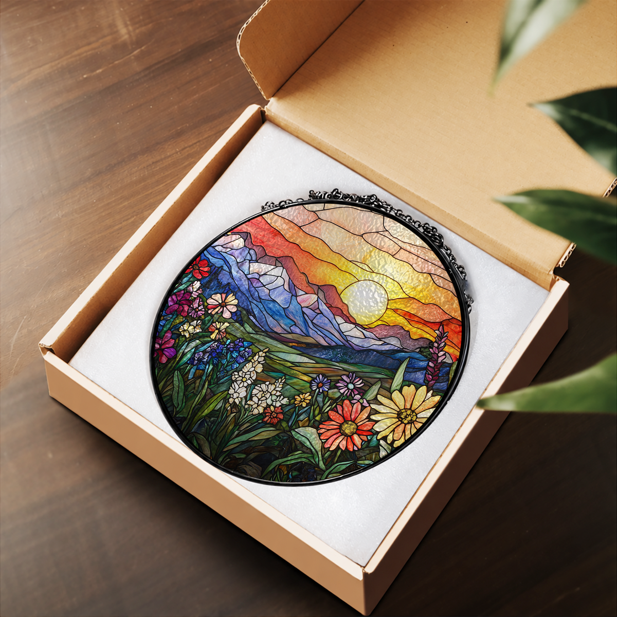 Colorful Mountain Sunset and Wildflowers stained glass suncatcher – flat printed artwork design