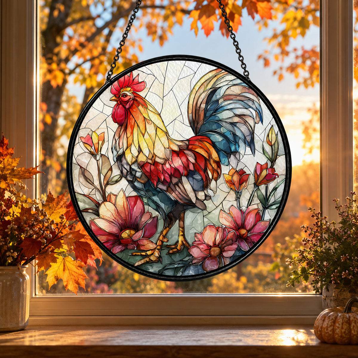 Colorful Rooster among Spring Flowers stained glass suncatcher window hanging – front design view